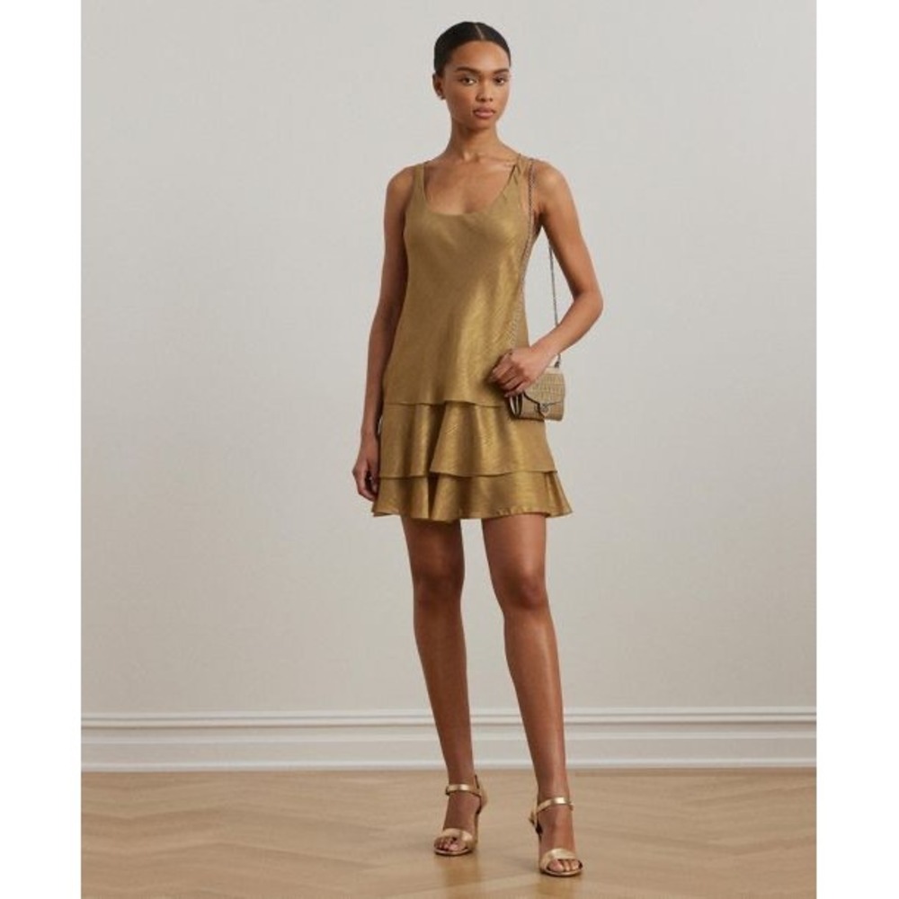 Lauren Ralph Lauren Tan Gold Foil Metallic Chiffon Tiered Shift Dress 12 NEW